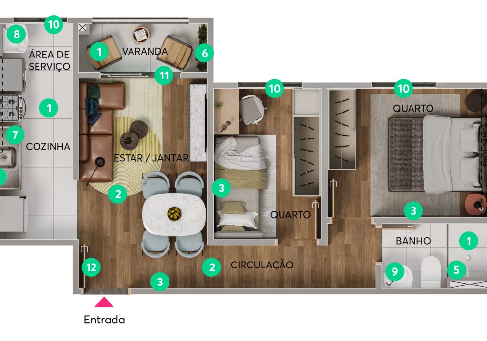 Planta 2 quartos com varanda Residencial Golf Riviera