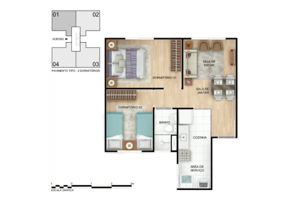 Planta 2 Quartos 40,53m² do Sol do Mediterrâneo