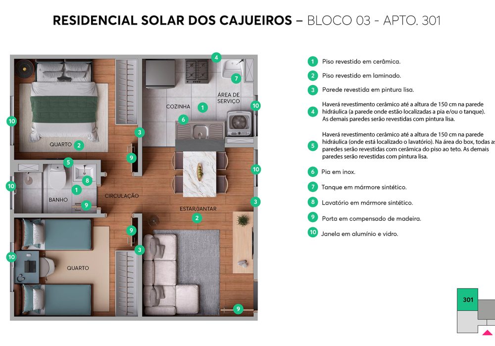 Planta 2 Quartos Solar dos Cajueiros MRV Abrantes