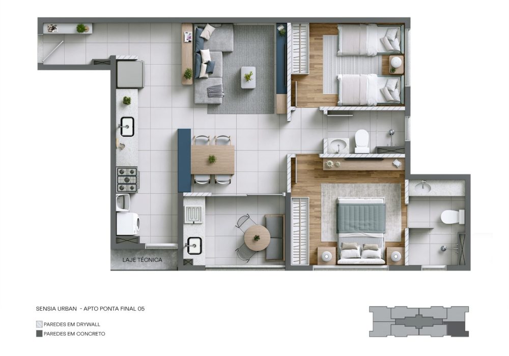 Planta 2 Quartos com Suíte Sensia Urban no Stiep 2