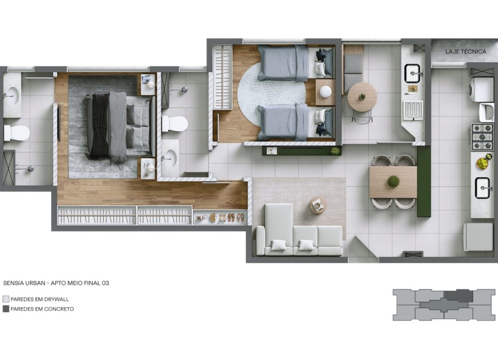 Planta 2 Quartos com Suíte Sensia Urban no Stiep