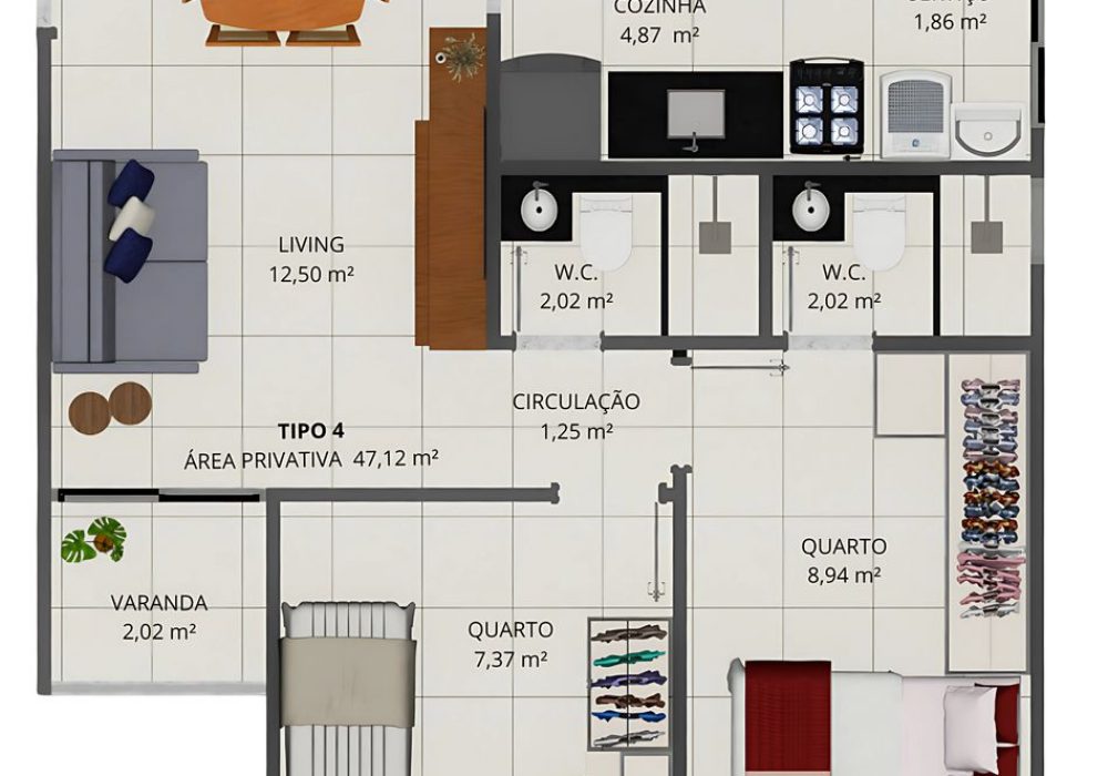 Planta 2 Quartos com Suíte e Varanda 47m² do Residencial Vila de Abrantes