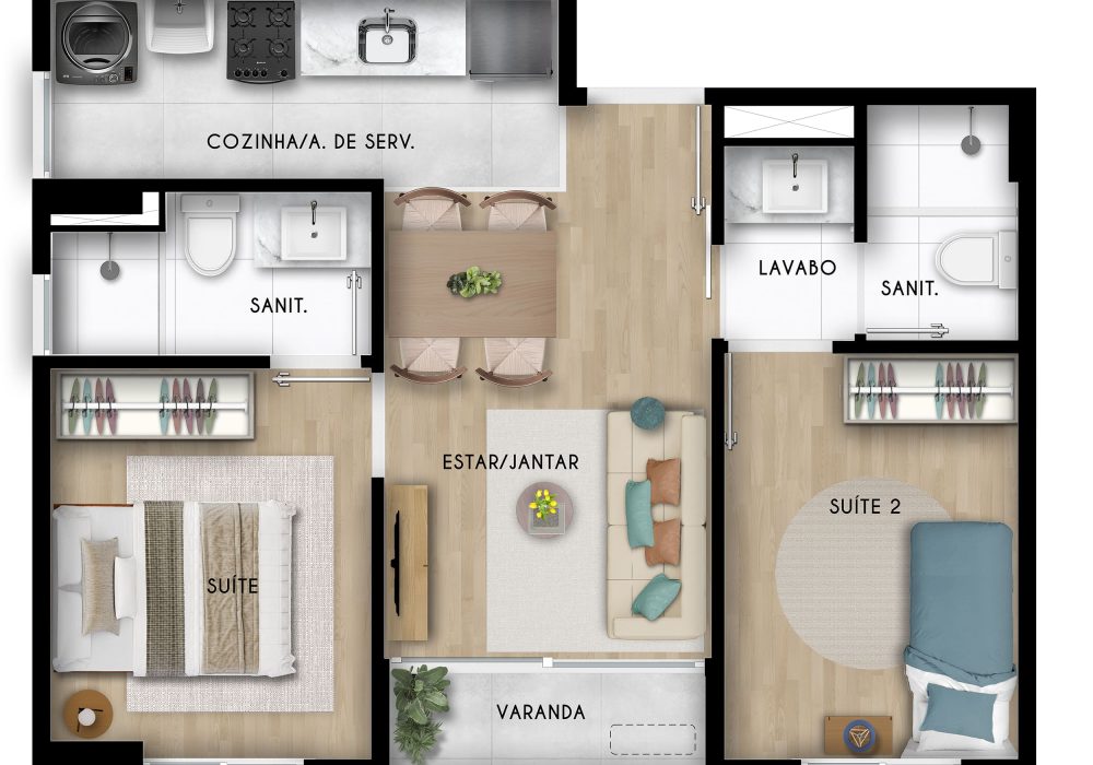 Planta 2 Quartos com Suíte e Varanda Vog Itapuã