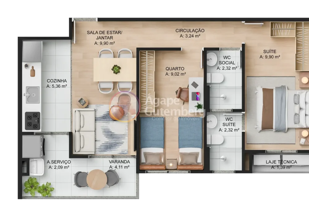 Planta 2 Quartos com Suíte e Varanda do Apartamento Arbo Patamares