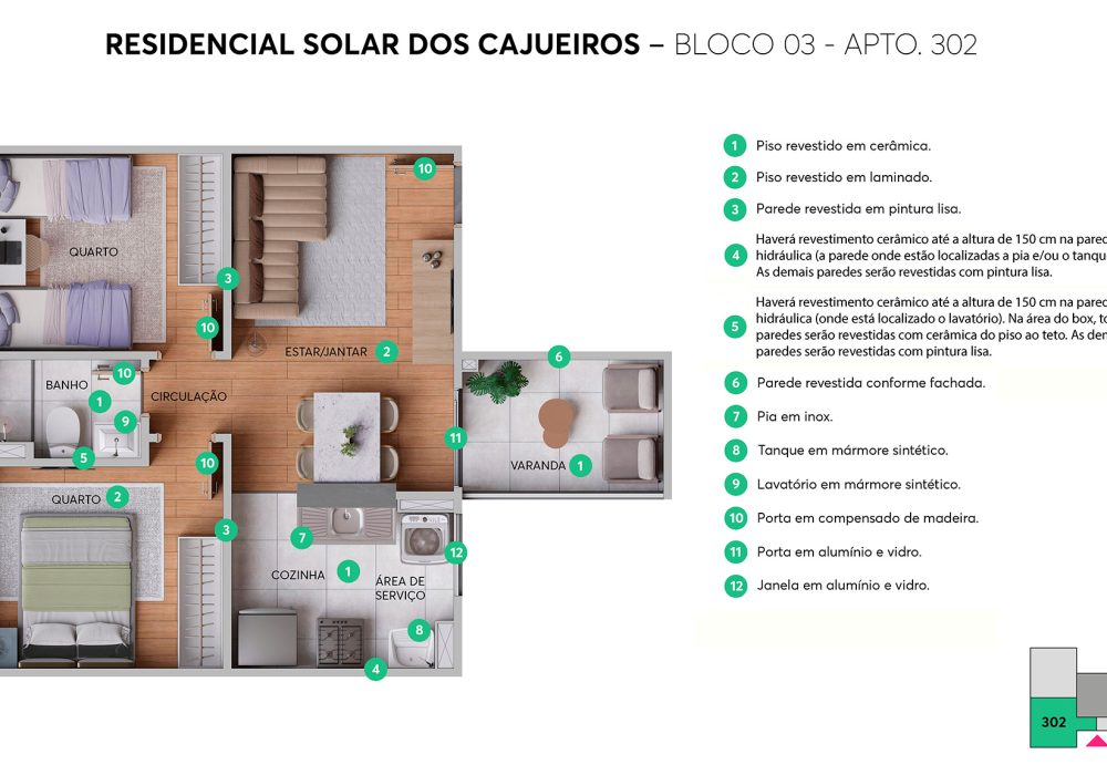 Planta 2 Quartos com Varanda Solar dos Cajueiros MRV Abrantes