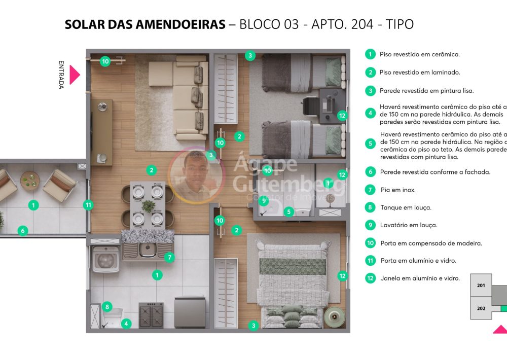 Planta 2 Quartos com Varanda do Apartamento Solar das Amendoeiras da MRV em Abrantes