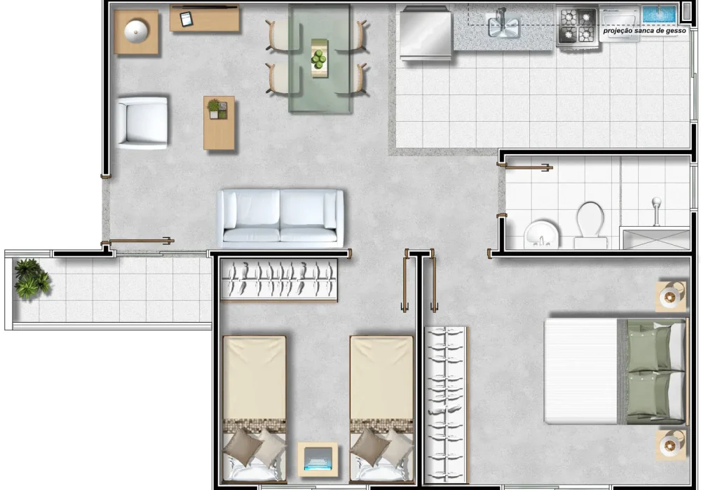 Planta 2 Quartos com Varanda do Duo Reserva Tangará em Salvador
