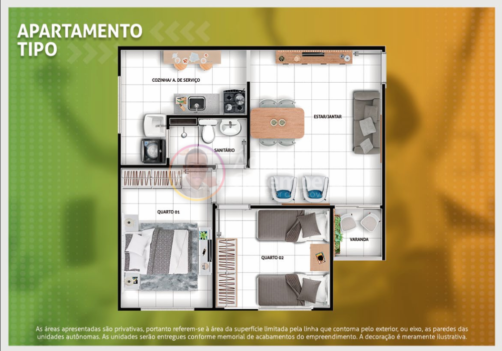 Planta 2 Quartos com Varanda do Reservas do Picuaia em Lauro de Freitas