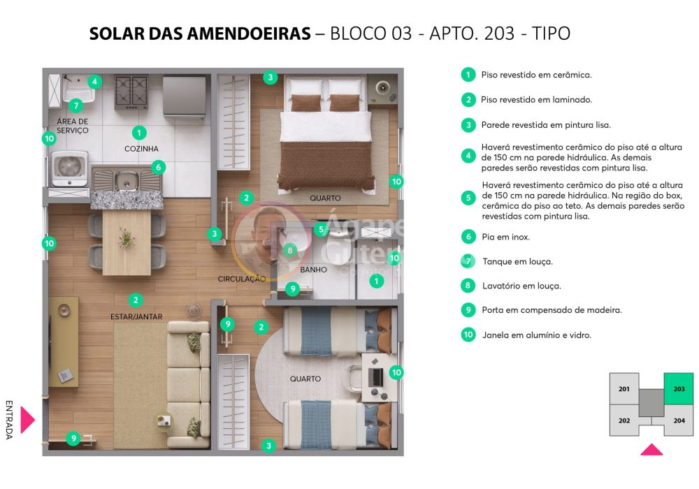 Planta 2 Quartos do Apartamento Solar das Amendoeiras da MRV em Abrantes