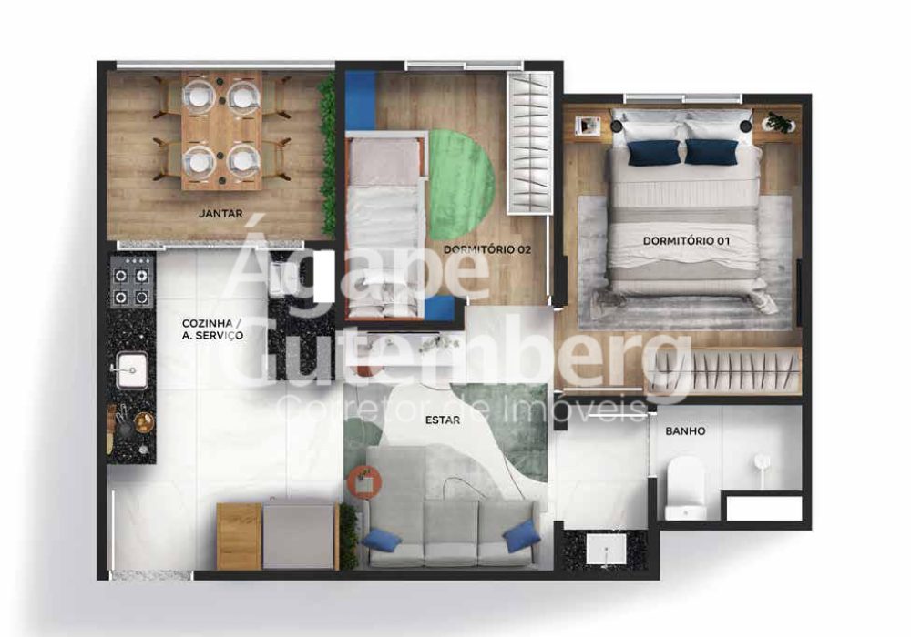 Planta 2 quartos com varanda do Residencial Vista da Mangueira