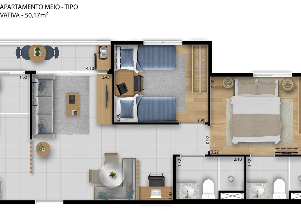 Planta 3 Quartos com Suíte e Varanda 50,17m² Viv Rio Vermelho