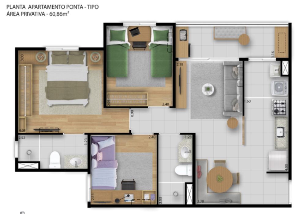 Planta 3 Quartos com Suíte e Varanda 60,86m² Viv Rio Vermelho