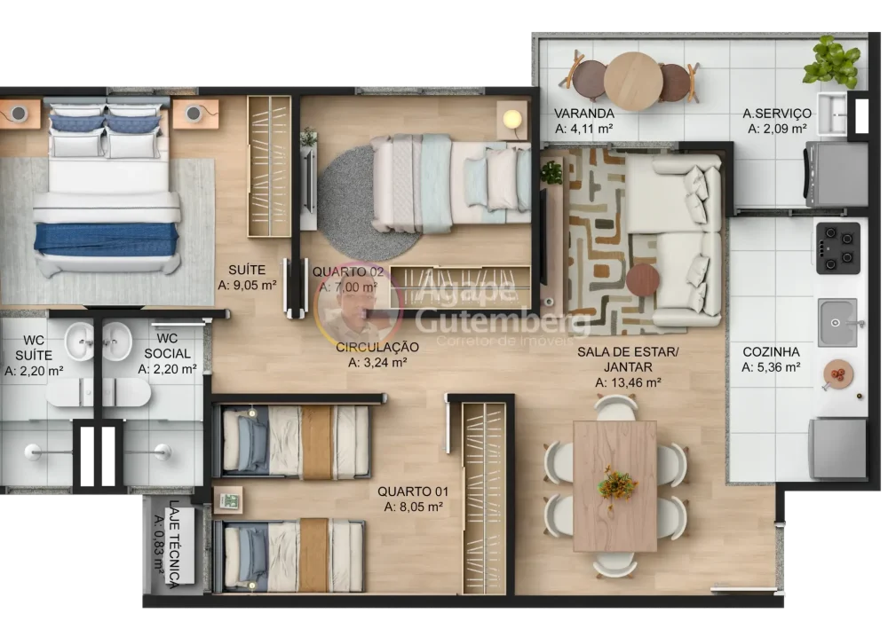 Planta 3 Quartos com Suíte e Varanda do Apartamento Arbo Patamares