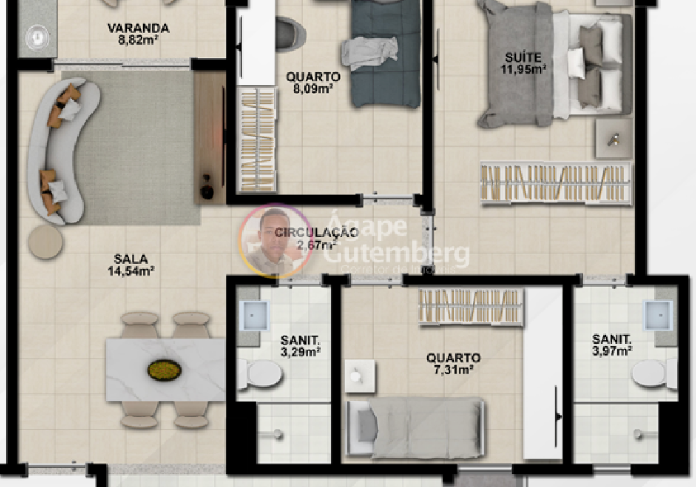 Planta 3 quartos com varanda 60m² do Imbuí Class