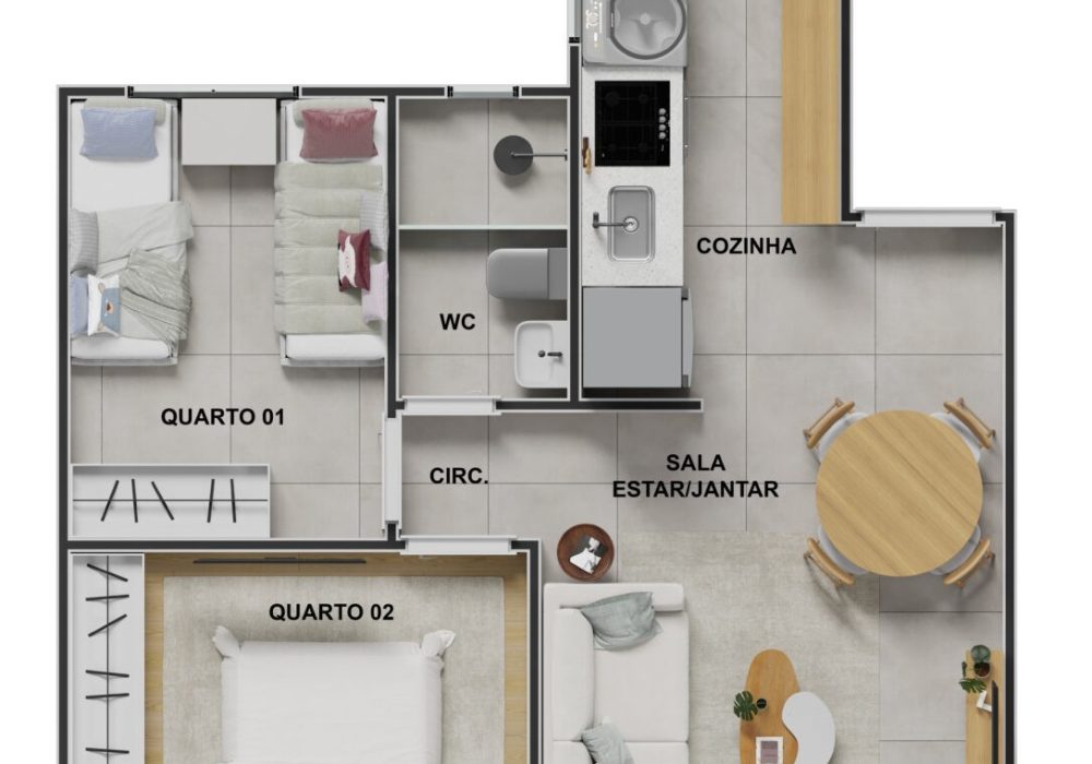 Planta Apartamento 2 Quartos do Reserva Aimoré em Camaçari