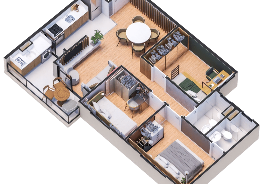 Planta Baixa 3D do Apartamento Tipo do Stanza Jardim Patamares