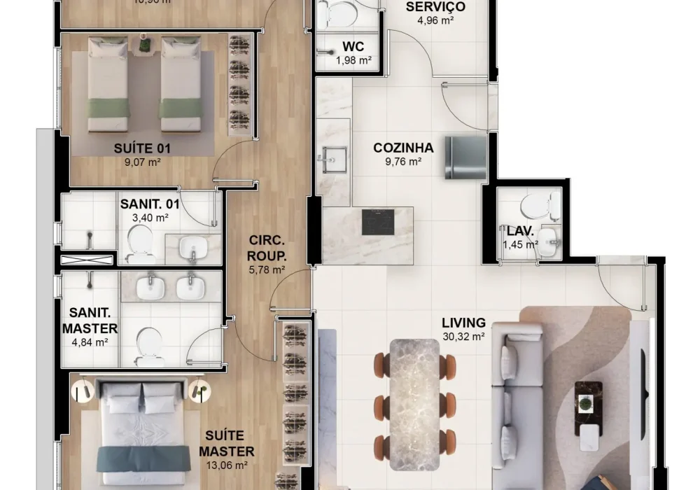 Planta baixa do apartamento tipo 1 no La Mar Jaguaribe, com 3 suítes, living espaçoso, cozinha, lavabo e área técnica, totalizando 115,39m².