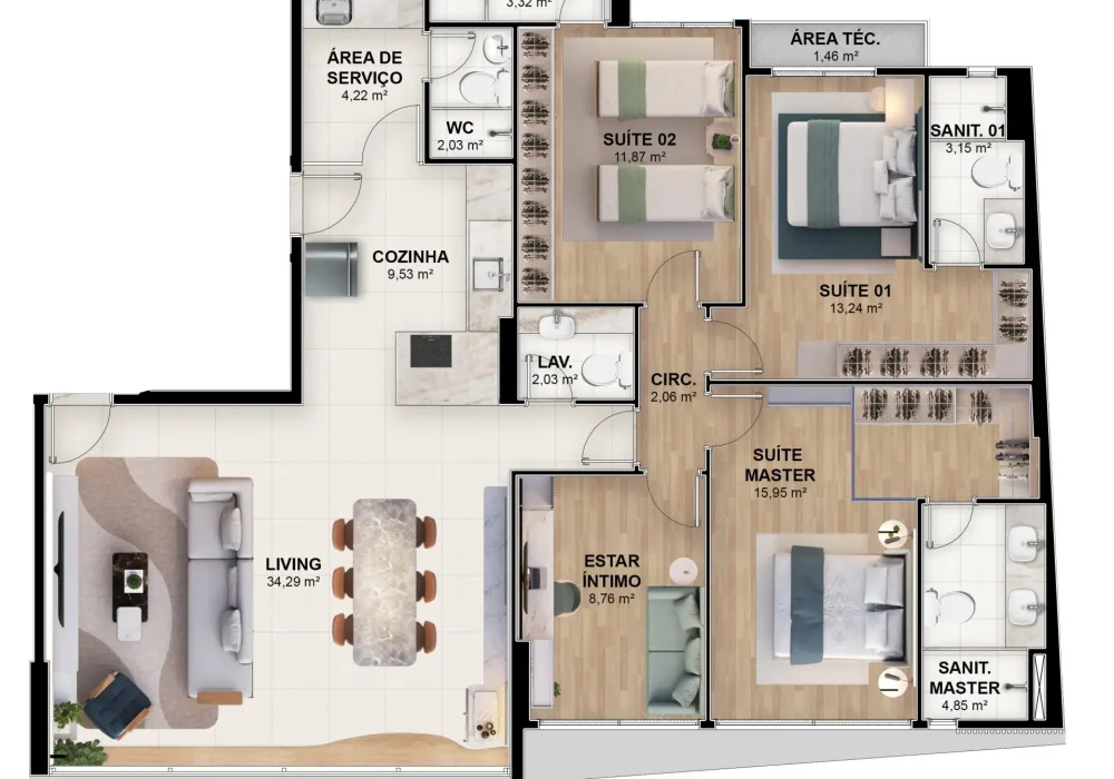 Planta baixa do apartamento tipo 2 no La Mar Jaguaribe, com 3 suítes, estar íntimo, living integrado e área técnica, totalizando 132,54m².
