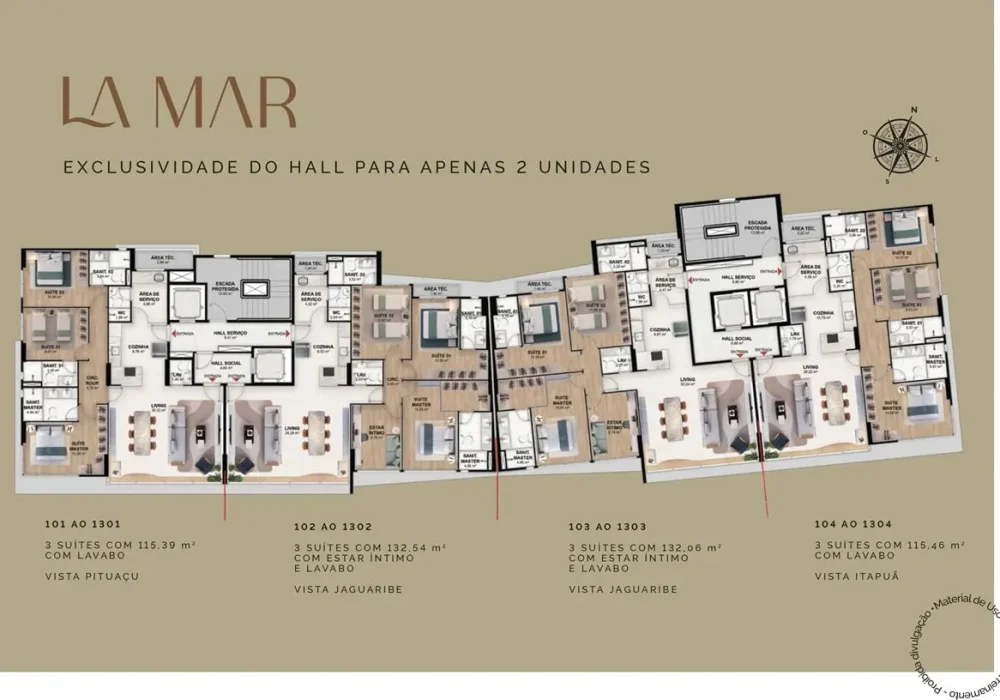 Planta baixa dos apartamentos do La Mar Jaguaribe, destacando a exclusividade de hall para duas unidades e as vistas privilegiadas para Piatã, Jaguaribe e Itapuã.