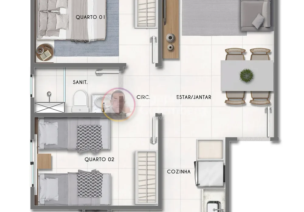 Planta do Living 2 quartos com 44,02m² do Seletto Salvador Norte